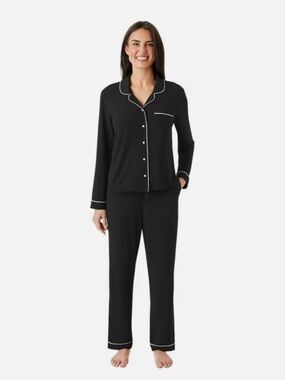 Women's Black Pajama Set with White Contrast Piping